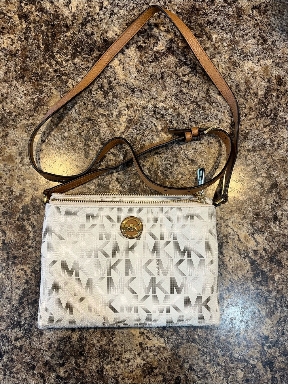 Michael Kors Cream Logo Crossbody Bag with Tan Strap